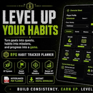 May include: A digital RPG habit tracker planner on a tablet. The screen displays a character sheet with level, stats, and quest information. Text includes "Level Up Your Habits," "Build Consistency," and "Earn XP."