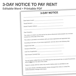 May include: A white 3-Day Notice to Pay Rent document with the text "3-DAY NOTICE" at the top. The document includes fields for date, tenant name, and property address, along with details about overdue rent.