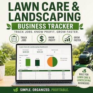 May include: A laptop displays a lawn care and landscaping business tracker dashboard with charts and data. The screen shows revenue, profit, and job details. The image includes a lawnmower and the text "Track Jobs. Know Profit. Grow Faster."