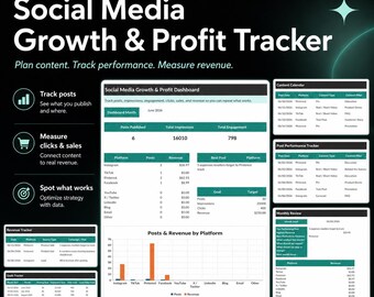 Social Media Tracker Spreadsheet for Small Business, Content Calendar, Post Performance Tracker, Goal Planner, Revenue Dashboard