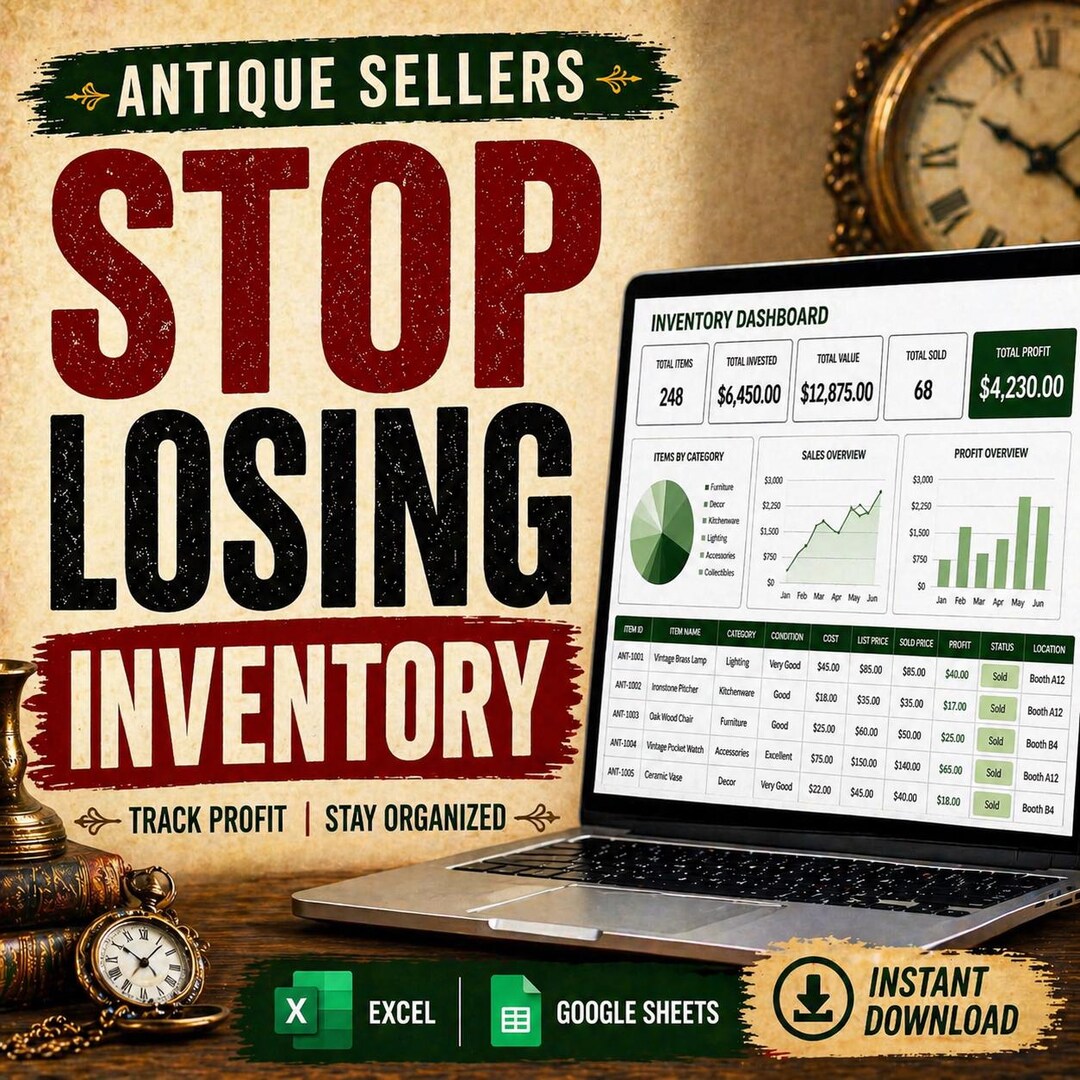 Vintage &amp; Antique Inventory Tracker Spreadsheet | Collectibles Profit and Sourcing Tracker ...