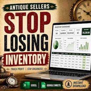 May include: An advertisement for antique sellers, featuring a laptop displaying an inventory dashboard. The text reads "STOP LOSING INVENTORY" and "TRACK PROFIT | STAY ORGANIZED." A vintage clock and books are also visible.