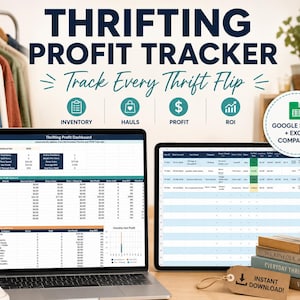May include: A laptop and tablet displaying a "Thrifting Profit Tracker" spreadsheet. The image includes the text "THRIFTING PROFIT TRACKER" and "Track Every Thrift Flip." Other items include books, a coffee mug, and a tag that says "Instant Download!"