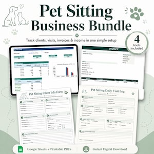 May include: A Pet Sitting Business Bundle featuring a digital dashboard, invoice template, client info form, and daily visit log. The set includes 4 tools for tracking clients, visits, and income, available as Google Sheets and printable PDF files.