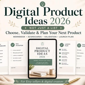 May include: A digital product ideas workbook with the title "Digital Product Ideas 2026". The image includes worksheets for idea validation, launch plans, and idea overviews. The text reads "For Etsy sellers & digital creators."