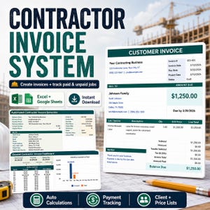 Może przedstawiać: Cyfrowy szablon systemu faktur dla wykonawców, zawierający fakturę klienta, zautomatyzowany generator i pulpit nawigacyjny z wykresami. Tekst zawiera Contractor Invoice System, Customer Invoice oraz różne pola z danymi biznesowymi.