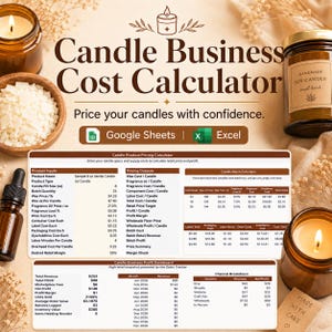 May include: A digital Candle Business Cost Calculator spreadsheet template compatible with Google Sheets and Excel. The interface displays product inputs, pricing outputs, batch calculations, and a profit dashboard for candle makers.
