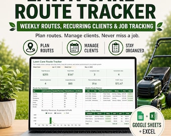 Lawn Care Route Tracker Spreadsheet, Weekly Mowing Schedule & Recurring Client Planner, Google Sheets + Excel