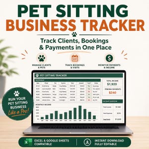 Könnte beinhalten: Ein Laptop zeigt einen Pet Sitting Business Tracker mit dem Text "Pet Sitting Business Tracker". Der Bildschirm zeigt Buchungsdetails, Einnahmen und Ausgabenübersichten. Das Design umfasst Symbole und ein monatliches Einkommensdiagramm.