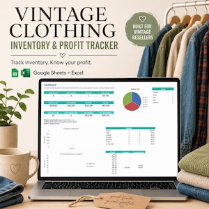 May include: A laptop displaying a vintage clothing inventory and profit tracker. The screen shows a dashboard with data, charts, and graphs. The text on the screen reads "Track inventory. Know your profit." A coffee mug, jeans, and a tag that says "good finds great profit" are also visible.