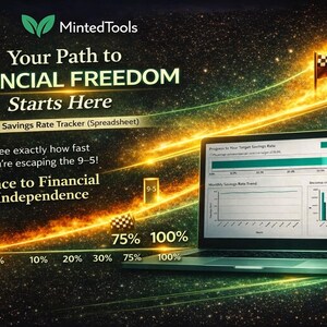 May include: A laptop displaying a financial spreadsheet with graphs and data, set against a cosmic background with text that reads "Your Path to Financial Freedom Starts Here." A checkered flag waves near the word "FIRE."