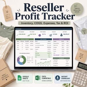 May include: A laptop screen displaying a Reseller Profit Tracker dashboard with financial data, inventory overview, profit charts, and expense logs. The screen shows text including Total Revenue, Profit Margin, and Net Profit, surrounded by shipping supplies, a calculator, and tags.