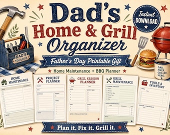 Father’s Day Printable Gift for Dad, Dad Home and Grill Organizer, BBQ Planner, Home Maintenance Checklist, Handy Dad Gift PDF