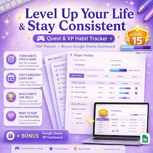 Puede incluir: Un rastreador de hábitos digital con un diseño morado y blanco. El rastreador incluye un "Quest & XP Habit Tracker" y un "Google Sheets XP Dashboard". La imagen muestra una computadora portátil que muestra el panel, con el texto "Level Up Your Life & Stay Consistent."