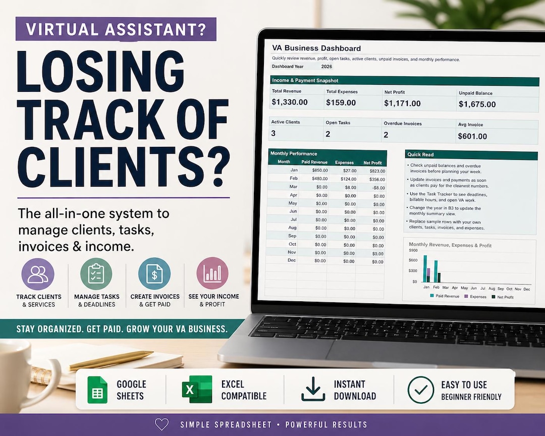 Virtual Assistant Client Tracker Spreadsheet | VA Task & Invoice ...