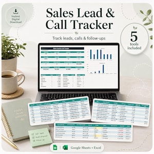 May include: A digital Sales Lead & Call Tracker spreadsheet displayed on a laptop screen, featuring data tables, bar charts, and metrics. The interface includes columns for lead details, call outcomes, and follow-up status, compatible with Google Sheets and Excel.