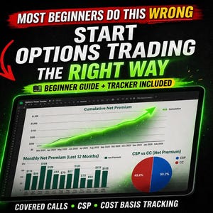 Può includere: Un tablet digitale mostra un grafico finanziario con una linea di tendenza verde ascendente e grafici a barre. Il testo sullo schermo include "Monthly Net Premium" e "CSP vs CC". L'immagine presenta anche il testo "MOST BEGINNERS DO THIS WRONG START OPTIONS TRADING THE RIGHT WAY."