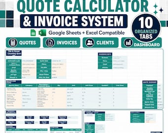 Tile & Grout Cleaning Quote Calculator Spreadsheet, Cleaning Estimate and Invoice Template, Client Job Tracker, Google Sheets Excel