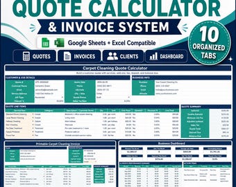 Carpet Cleaning Quote Calculator Spreadsheet, Cleaning Estimate & Invoice Template, Client Job Tracker, Google Sheets Excel