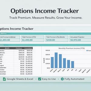 May include: An Options Income Tracker graphic with the text "Track Premium. Measure Results. Grow Your Income." Key metrics and charts are displayed, including monthly premium income. The tracker is compatible with Google Sheets & Excel.