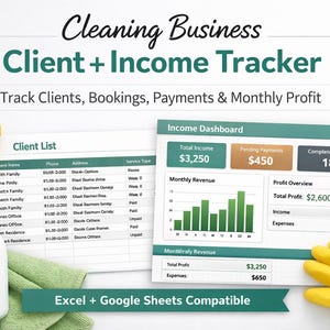 Cleaning Business Income Tracker | Client & Payment Spreadsheet | Excel Template | Profit Dashboard