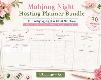 Mahjong Night Hosting Planner Bundle, Printable Mahjong Score Sheets, Table Rotation, Guest List, Party Organizer, Mah Jongg Club Kit