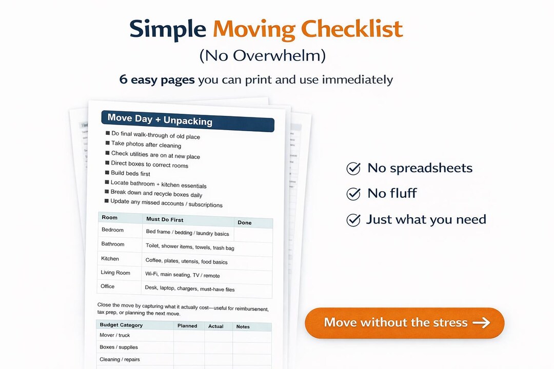 Simple Moving Checklist Printable | No Overwhelm Move Planner | 6-page ...