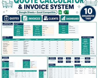 Upholstery Cleaning Quote Calculator Spreadsheet, Cleaning Estimate & Invoice Template, Client Job Tracker, Google Sheets Excel