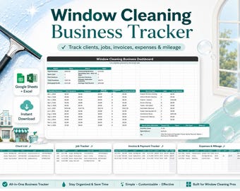 Window Cleaning Business Tracker Spreadsheet, Window Washing Job Client Invoice Expense Mileage Tracker, Google Sheets Excel