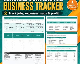 General Contractor Business Tracker Spreadsheet | Job Tracker, Project Expense Tracker, Profit Dashboard | Google Sheets & Excel