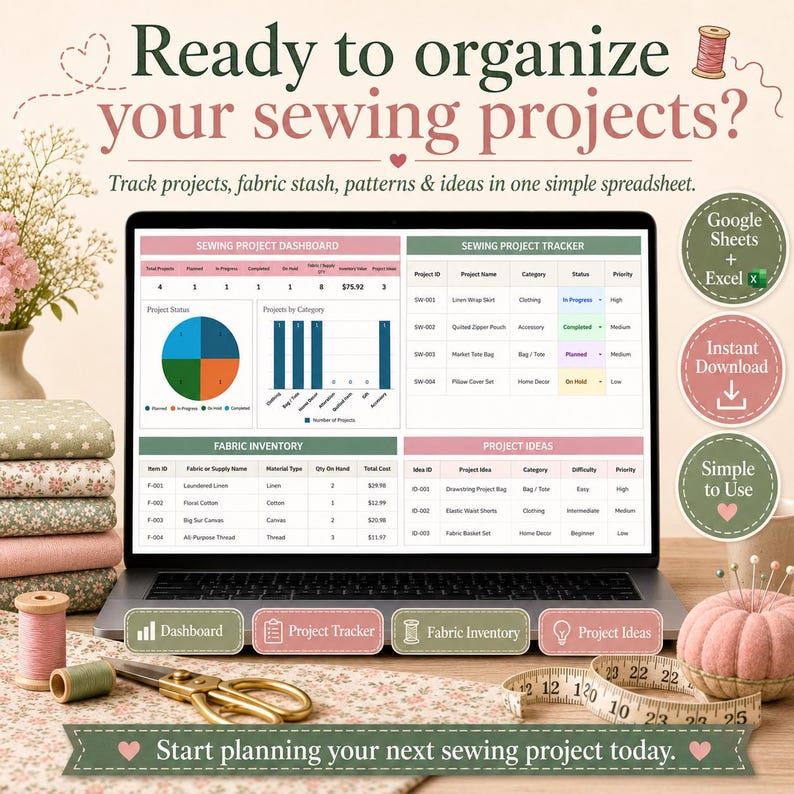Project Design Inventory Sewing Project Tracker Spreadsheet, Sewing Planner, Fabric Inventory ...