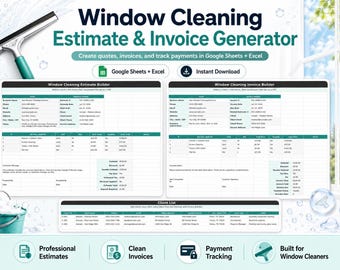 Window Cleaning Estimate & Invoice Template, Window Washing Quote Calculator, Invoice Tracker Google Sheets Excel