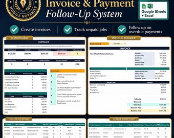 Mobile Notary Invoice Template Google Sheets Excel, Notary Payment Tracker, Signing Agent Invoice Generator, Past Due Follow Up