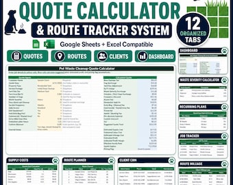 Pet Waste Cleanup Quote Calculator Spreadsheet, Pooper Scooper Pricing Tool, Dog Waste Removal Tracker Google Sheets Excel