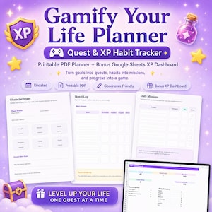 Maak van je leven een spel met de planner, Quest XP gewoonte-tracker, printbare digitale planner in PDF-formaat, Google Sheets-dashboard, gewoonte-tracker