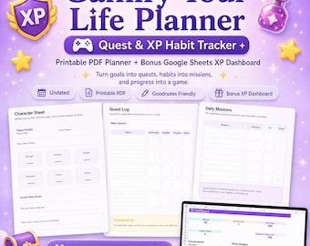 Gamify Your Life Planner, Quest XP Habit Tracker, Printable PDF Digital Planner, Google Sheets Dashboard, Habit Tracker