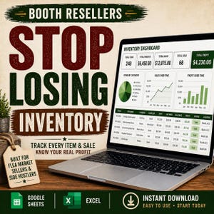 May include: A laptop displays an inventory dashboard with charts and data. The screen shows sales and profit information. Text on the screen reads "STOP LOSING INVENTORY" and "TRACK EVERY ITEM & SALE." The image also includes the text "BUILT FOR FLEA MARKET SELLERS & SIDE HUSTLERS."