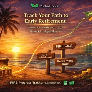 May include: Digital graphic depicting a beach scene at sunset with palm trees and a treasure chest filled with gold coins. Text reads "Track Your Path to Early Retirement" with financial goal indicators and a spreadsheet icon.