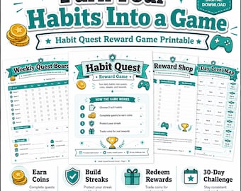 Habit Quest Reward Game Printable, Gamified Habit Tracker, 30 Day Habit Challenge, Reward Chart for Adults Kids, Daily Routine Planner PDF