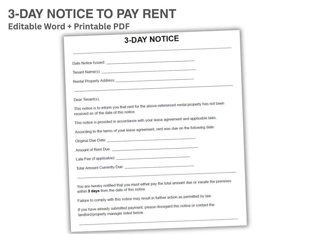3 Day Notice to Pay Rent | Pay or Quit Notice Template | Eviction ...