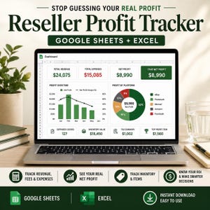 Puede incluir: Una computadora portátil muestra un panel de control de seguimiento de ganancias para revendedores con datos financieros, incluidos ingresos, gastos y ganancias netas. La pantalla muestra gráficos y gráficas, con el texto "Reseller Profit Tracker" y "Google Sheets + Excel".