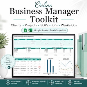May include: An Online Business Manager Toolkit digital dashboard displayed on a laptop screen. The interface features tables for client, project, and KPI tracking, including revenue charts and deadline watchlists compatible with Google Sheets and Excel.