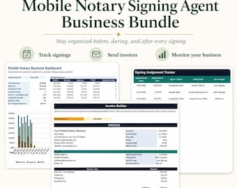 Mobile Notary Signing Agent Business Bundle, Notary Tracker Spreadsheet, Invoice Template, Scanback Checklist, Mileage Expense Log