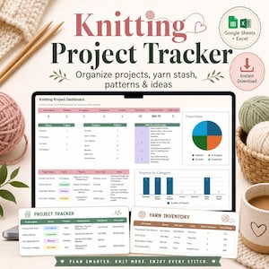 Könnte beinhalten: Ein digitaler Strickprojekt-Tracker mit dem Text "Knitting Project Tracker" und "Organisieren Sie Projekte, Garnvorrat, Muster & Ideen". Das Bild zeigt einen Laptop, Wolle, Stricknadeln und eine Tasse. Der Tracker ist für Google Sheets und Excel.