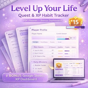 Puede incluir: Un planificador digital con el texto "Level Up Your Life" y "Quest & XP Habit Tracker". La imagen muestra una computadora portátil que muestra un rastreador de hábitos, junto con varias páginas digitales. La combinación de colores es púrpura y blanco.