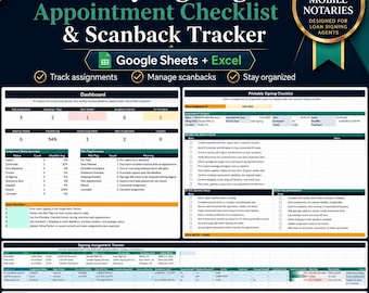 Notary Signing Appointment Checklist, Scanback Tracker, Loan Signing Agent Workflow, Mobile Notary Google Sheets Excel