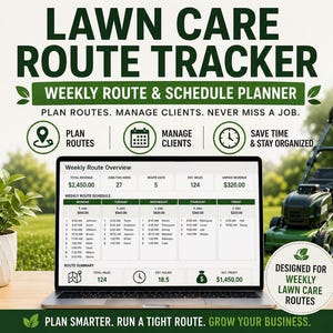 Peut inclure: Un ordinateur portable affiche un suivi d'itinéraire d'entretien de pelouse avec le texte "Lawn Care Route Tracker". L'écran montre un aperçu et un calendrier hebdomadaires des itinéraires. Une tondeuse à gazon verte et une plante en pot sont en arrière-plan.