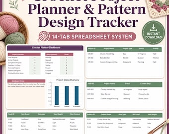 Crochet Project Planner Spreadsheet, Pattern Design Tracker, Yarn Stash Inventory, WIP Tracker, Custom Order Pricing Calculator
