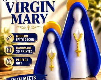 Estatua minimalista de la Virgen María / Decoración católica moderna, PLA azul y dorado (11,6 cm/18 cm)