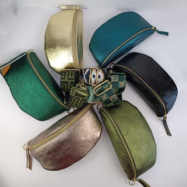 Genuine Leather Fanny Pack Belt Bag, Womens Crossbody Waist Bag, Multi Color Gold Hip Bag, Adjustable Strap 25x13x8 cm